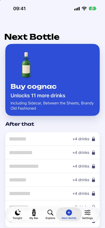 Back Bar Next Bottle screen: buy cognac to unlock 11 more drinks